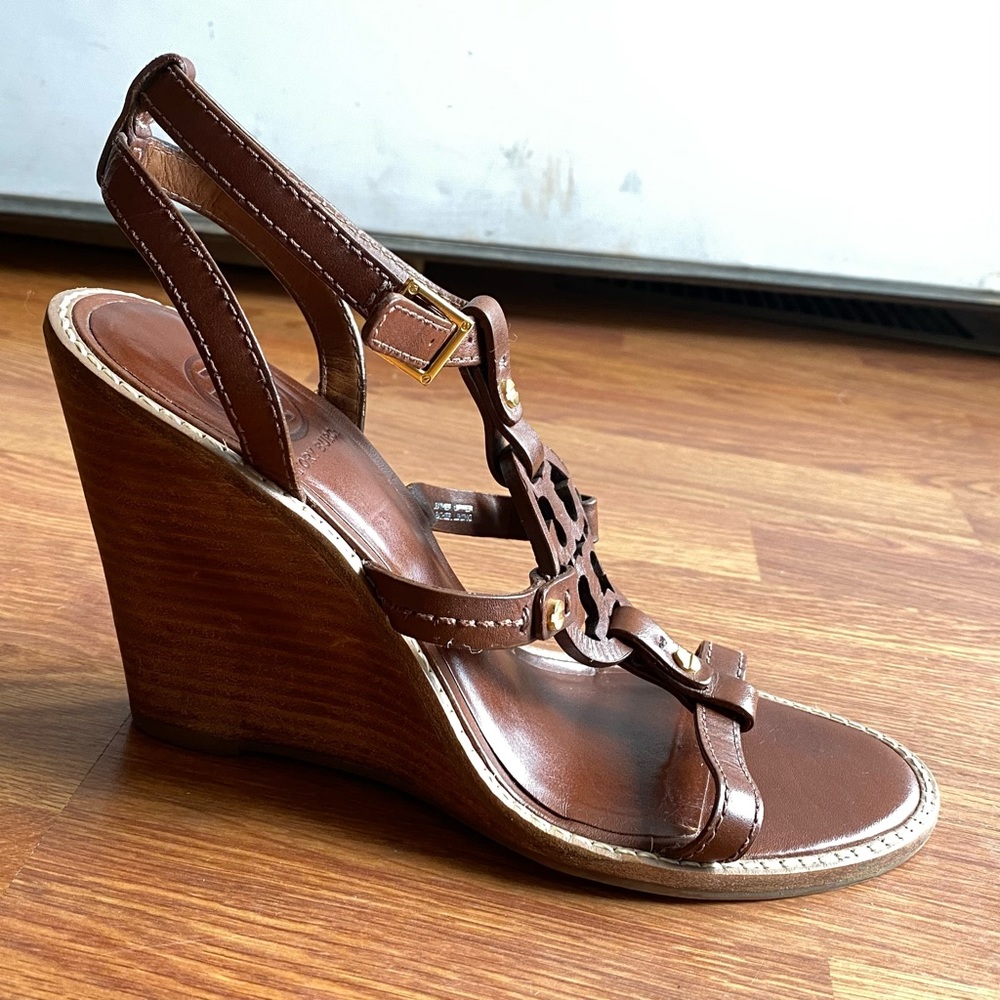 Brown Leather Tory Burch Wedges